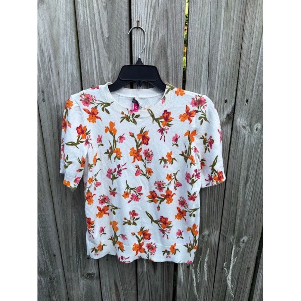 Cottagecore Floral Vince Camuto Short Sleeve Sweater M White Orange Knit Top
